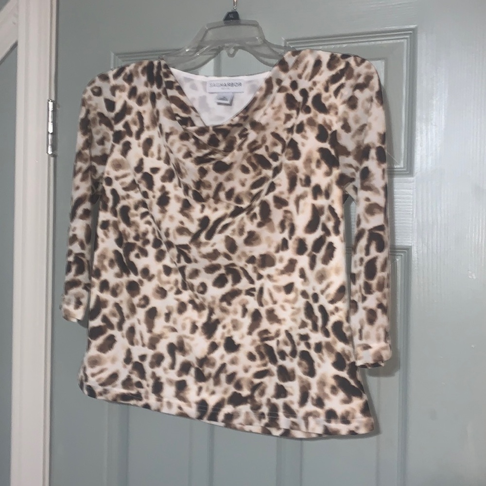 Sag Harbor Women’s Top Size PL, Brown/Leopard Print Cowl Neck with 3/4 Sleeves.